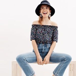J crew off the shoulder ratti cat print top